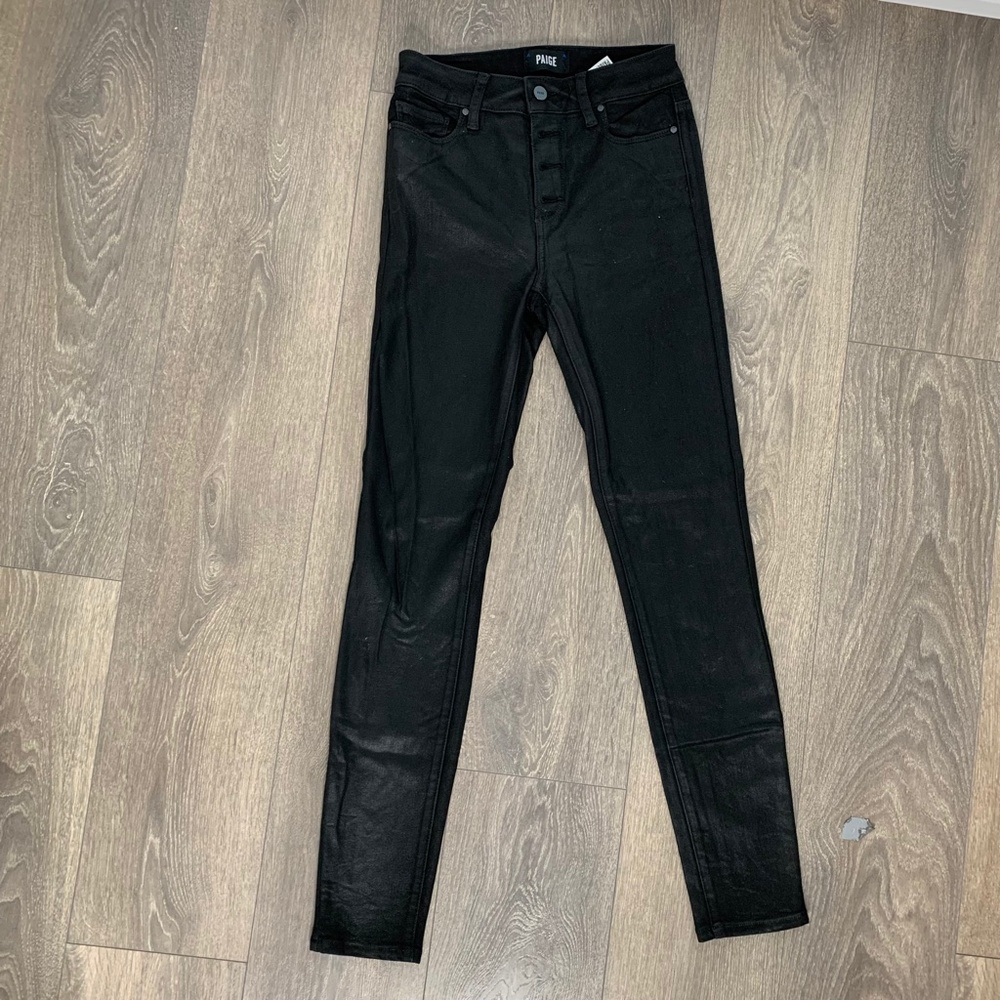Paige Hoxton Ultra Skinny Jeans Button Fly Black Fog Luxe Coating High Waist - Picture 5 of 15